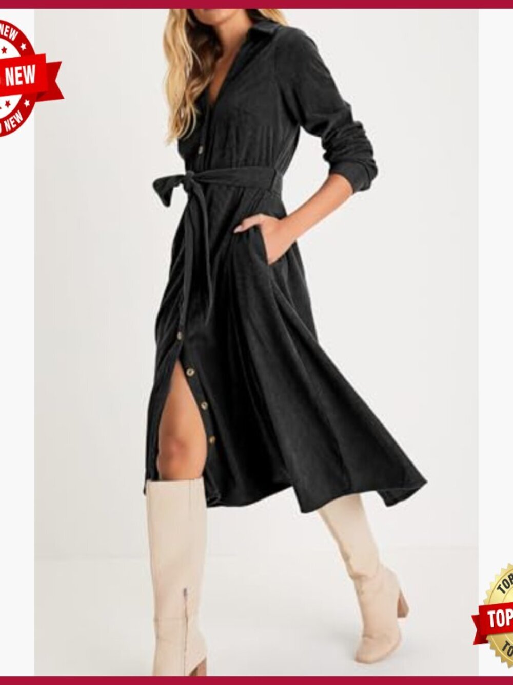 Corduroy Midi Dress with Pockets V Neck Button Down Belted Flowy Long Sleeve - Picture 2 of 6